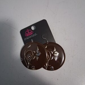 Paparazzi Chocolate Brown Earrings with Silver Floral Design